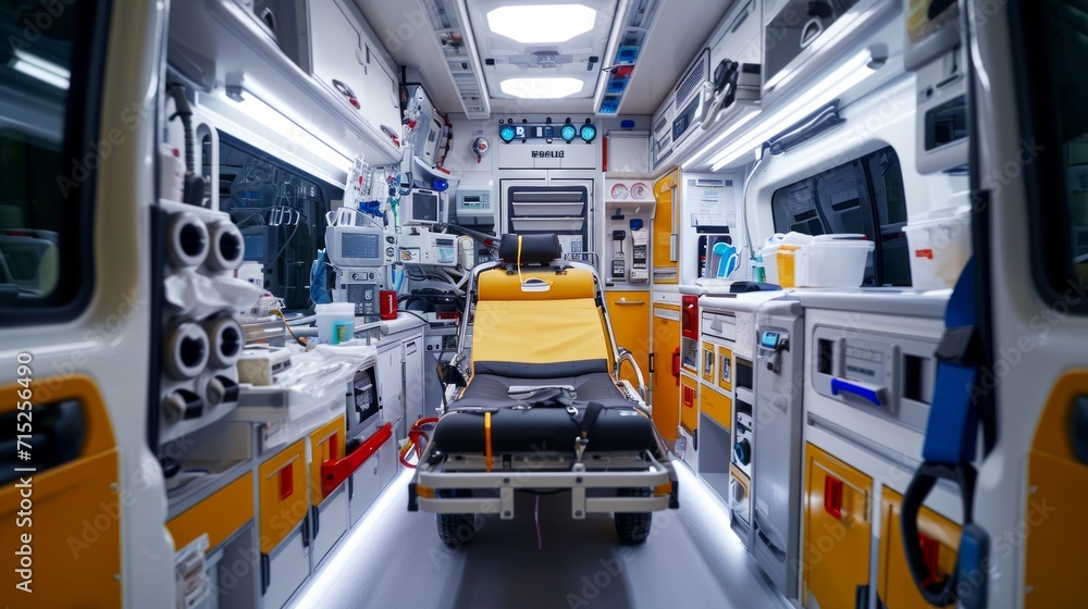 Emergency equipment and devices, Ambulance car interior details. Emergency equipment and devices, Ambulance car interior details.