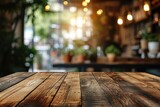Empty wooden table and abstract bokeh light of blurred food market outdoor background. For product display, generative ai
