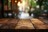 Empty wooden table and abstract bokeh light of blurred food market outdoor background. For product display, generative ai