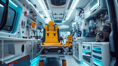 Emergency equipment and devices, Ambulance car interior details. photo