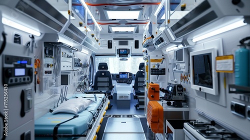 Emergency equipment and devices, Ambulance car interior details. © Nataliya