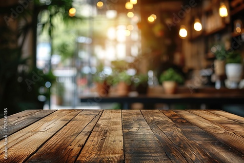 Empty wooden table and abstract bokeh light of blurred food market outdoor background. For product display, generative ai