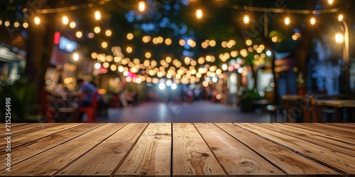 Empty wooden table and abstract bokeh light of blurred food market outdoor background. For product display  generative ai