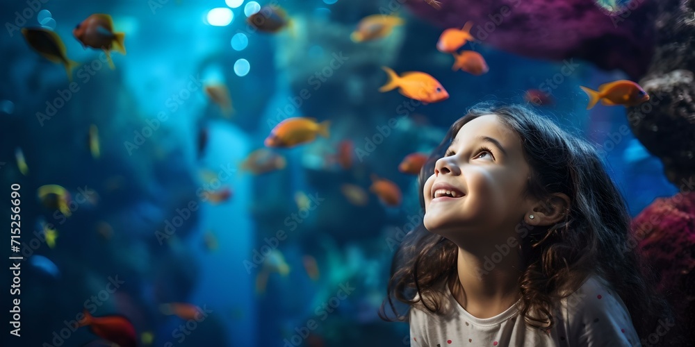 Young girl marveling at colorful fish in an aquarium. childhood wonder and aquatic beauty captured. AI