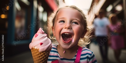 Joyful child with ice cream cone in summer. happy girl enjoying dessert outdoors. capturing childhood moments. AI