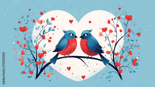 Valentine's Day, A couple of Romantic birds are hugging, in heart shape illustration © Pasindu