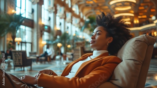 In the atrium of an opulent hotel, an African American woman traveler is placing drink and meal orders, Generative AI. photo