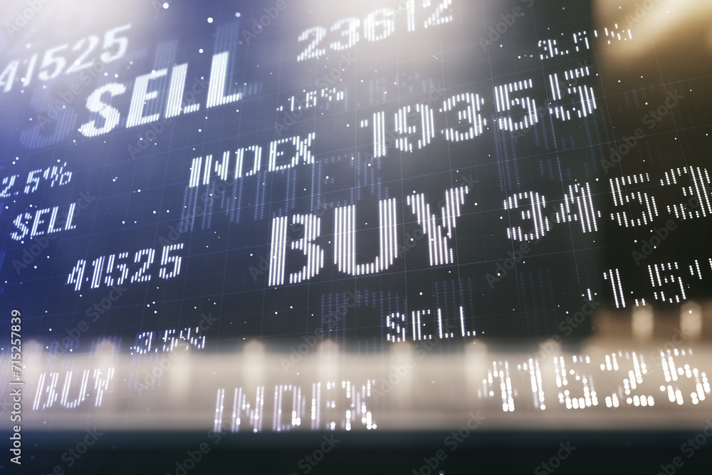 Obraz premium Double exposure of abstract creative financial chart hologram on modern business center exterior background, research and strategy concept