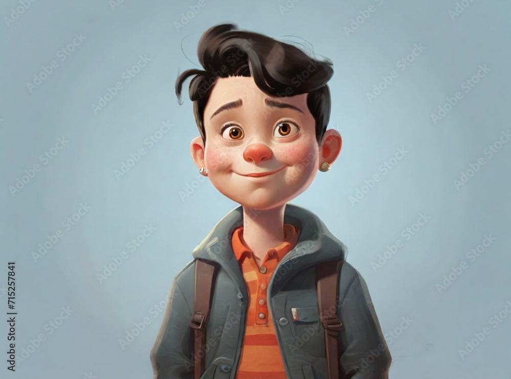 Cartoon boy smiling portrait, illustration of brunette kid with kind face on light dusty blue background horizontal Cartoon boy smiling portrait, illustration of brunette kid with kind face on light dusty blue background horizontal