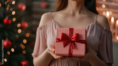 Young female hand holding pink gift box closeup 