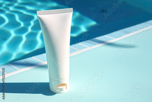 A mockup of a white blank cosmetic bottle tube lying on the surface of the water, creating a serene and unique presentation.