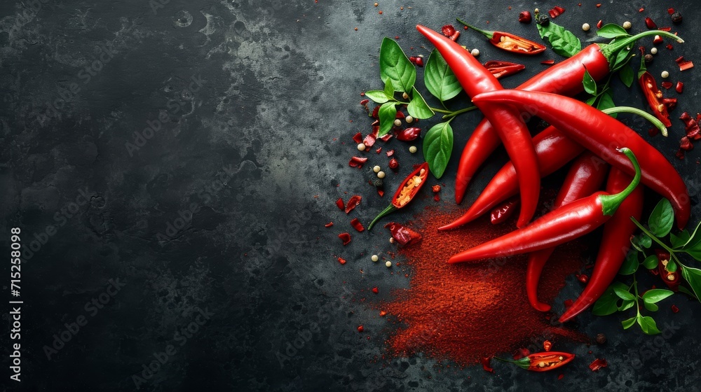 Composition with powdered and raw chili peppers on dark background, Food photography - obrazy, fototapety, plakaty 