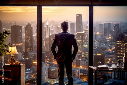 The businessman stands back during sunrise with a cityscape image. The concept of modern life, business, city life and the Internet of Things.