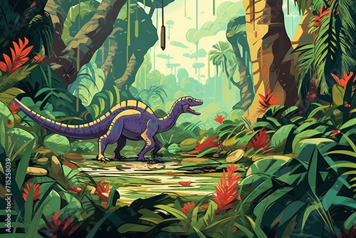 Dinosaur in lush jungle as depicted in a cartoon illustration. Generative AI