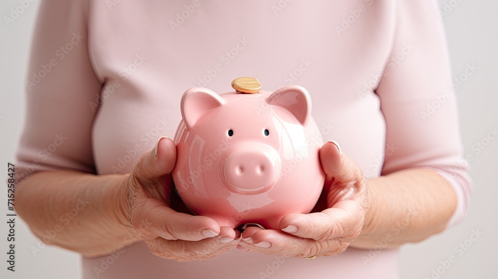 A hand holding a pink piggy bank, symbolizing savings, financial planning, or investment. - obrazy, fototapety, plakaty 
