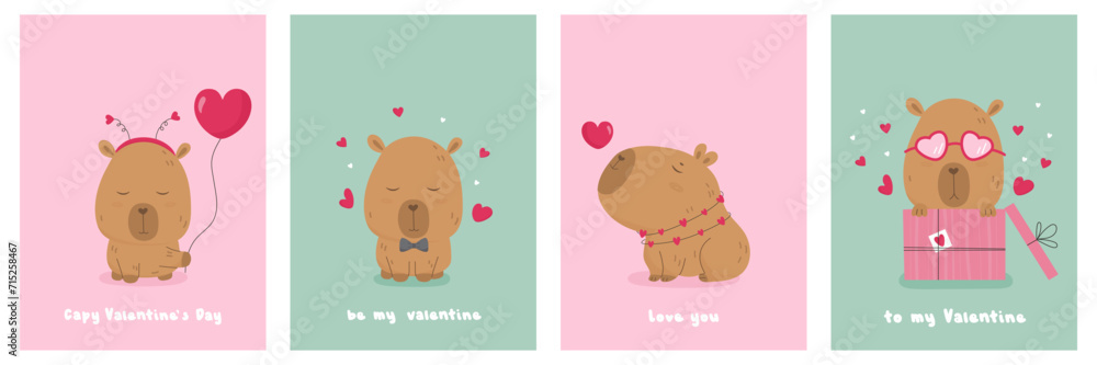 Valentine Day card set with cute lovely capybara Valentine Day card set with cute lovely capybara