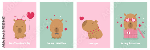 Valentine Day card set with cute lovely capybara