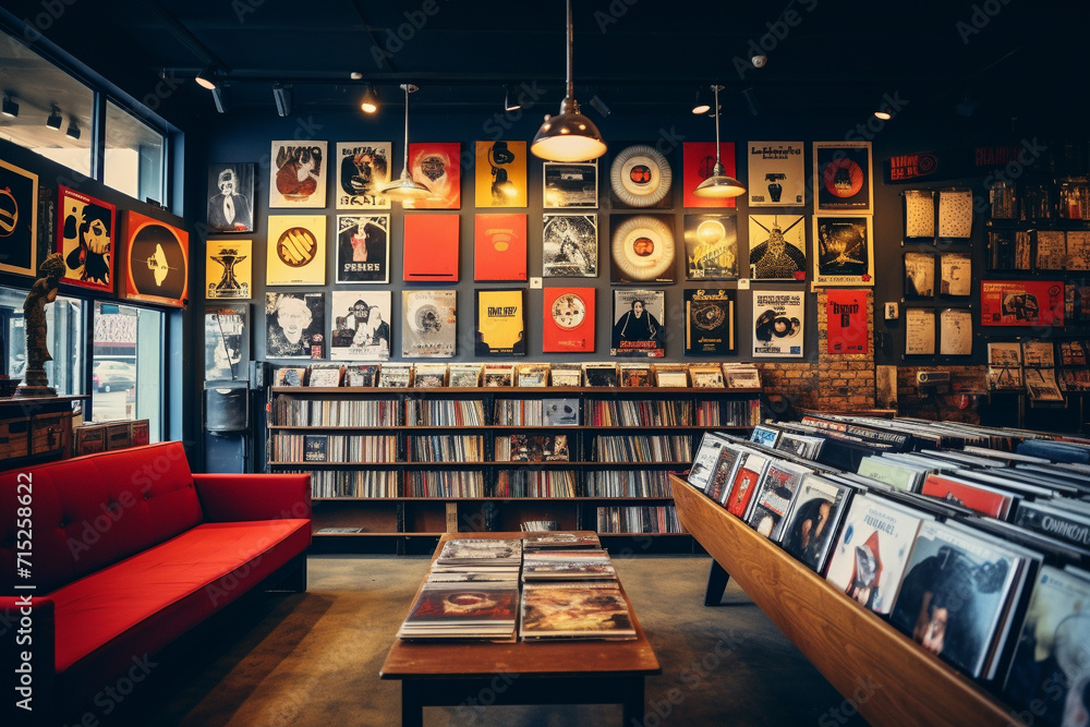 Cozy Record Store with Wall Art.