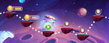 Game level map with floating islands and star rating, flying spaceship on outer space background with alien planets. Cartoon videogame universe interface with rock platform stage on route for jump.