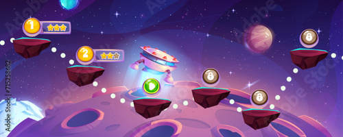Game level map with floating islands and star rating, flying spaceship on outer space background with alien planets. Cartoon videogame universe interface with rock platform stage on route for jump.