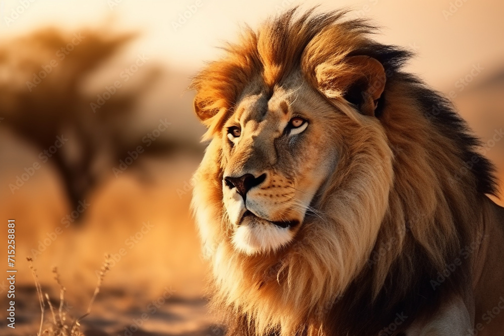 Lion Portrait in Wild Savannah at Sunset.
