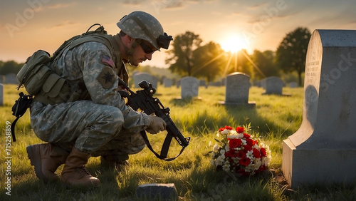 Soldier Grave Respect Tomb Stone Flowers Rifle Sunset