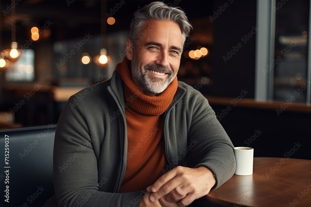 Portrait of handsome mature man with cup of coffee in cafe. Portrait of handsome mature man with cup of coffee in cafe.
