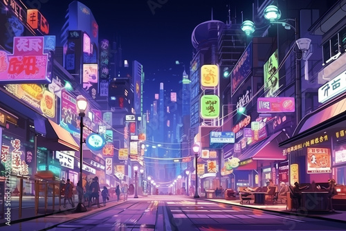 Neon-Lit Street in Urban Cityscape at Night.