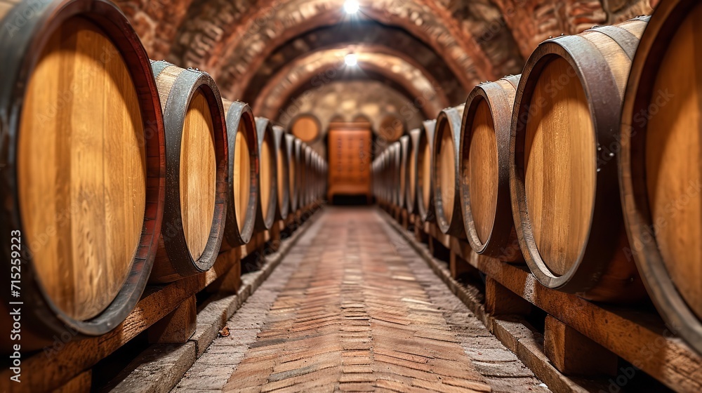 Interior of wine storage including big wooden barrels with a big copy space, Generative AI.