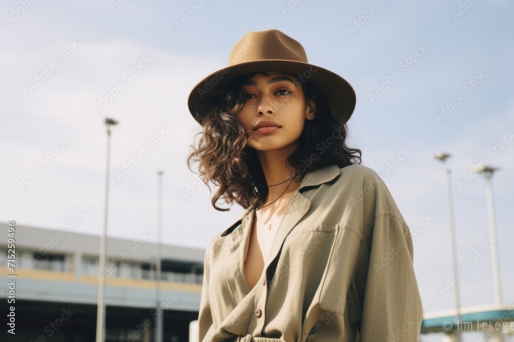 Portrait of a beautiful young woman with curly hair in a hat and a coat