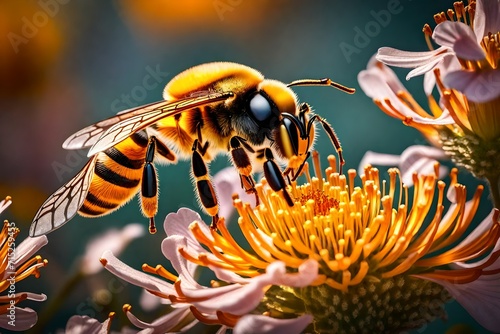 Witness the artistry of nature as a honey bee skillfully extracts honey from a flower, brought to life in this AI-generated image.    © Fatima
