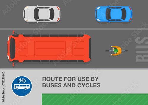 Safe driving tips and traffic regulation rules. British route for use by buses and cyclists. Top view of a cyclist on a bus lane. Flat vector illustration template.
