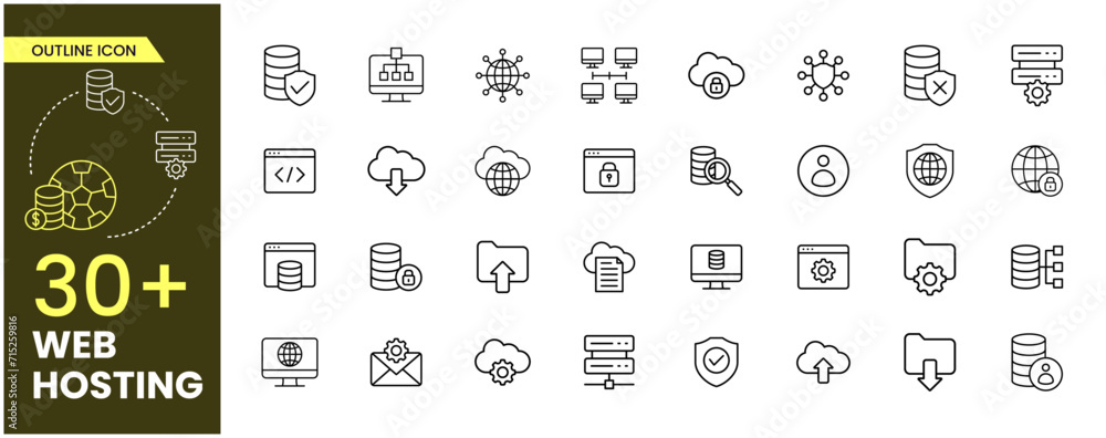Web Hosting Outline icon set. Containing web design, internet, content, SEO, hosting, server, homepage and e-commerce icon. Outline icon collection. Vector illustration. - obrazy, fototapety, plakaty 