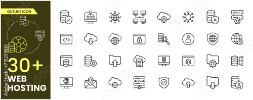 Web Hosting Outline icon set. Containing web design, internet, content, SEO, hosting, server, homepage and e-commerce icon. Outline icon collection. Vector illustration.