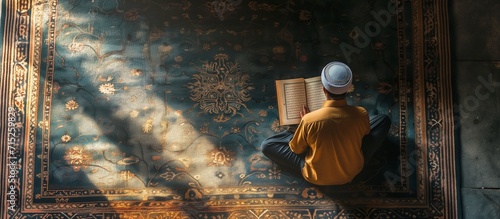 Top and back view Muslim man sitting praying on sajadah prayer mat. holding and read Quran in islamic mosque, Ramadan kareen and eid fitr or adha mubarak day background illustration, Generative AI photo