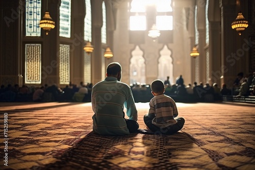 back view Muslim father and son sitting praying on sajadah prayer mat. holding and read Quran in islamic mosque, Ramadan kareen and eid fitr or adha mubarak day background illustration, Generative AI