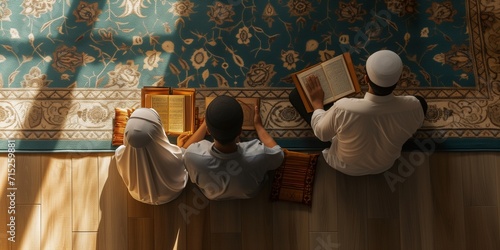 back view Muslim father, daughter and son sitting praying on sajadah prayer mat. holding read Quran in islamic mosque, Ramadan kareen, eid fitr or adha mubarak background illustration, Generative AI photo
