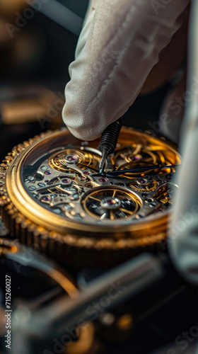 close-up shot of watch being repaired by gloved hands