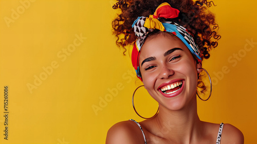 Woman With Curly Hair Wearing Colorful Headband photo