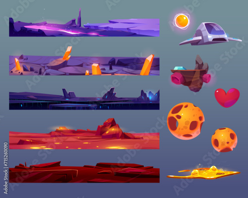 Set of space game ground layers and assets isolated on background. Vector cartoon illustration of seamless soil layers, rocky surface with neon substance in cracks, desert with crystals, spaceship