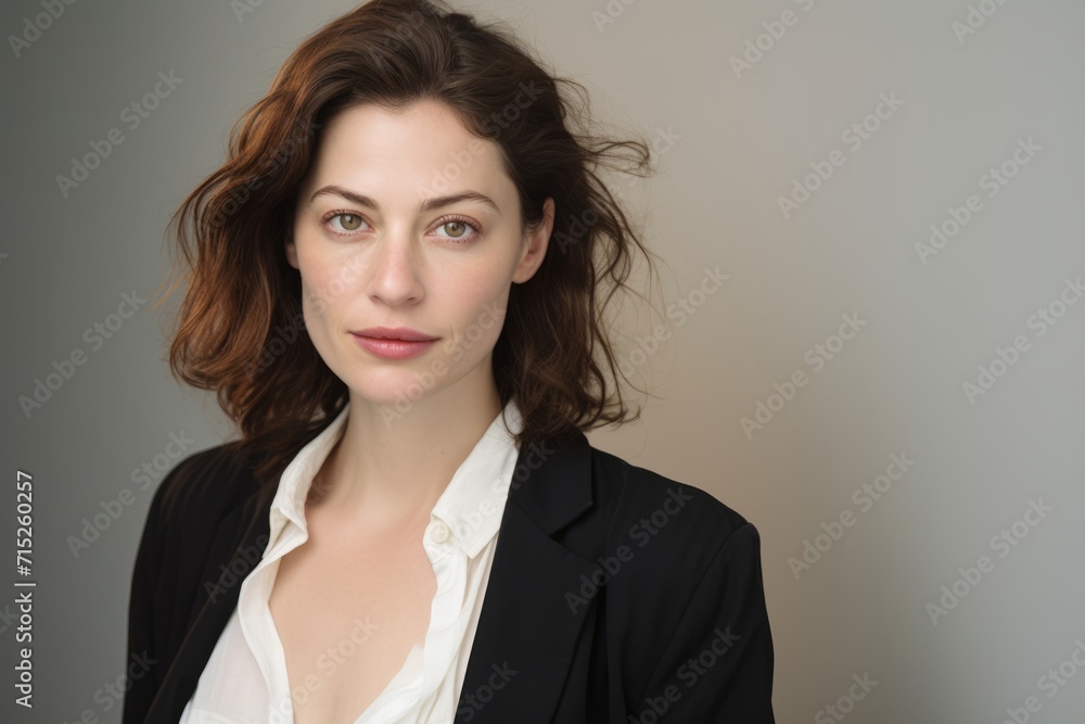Portrait of a beautiful businesswoman with long brown hair in a black suit. Portrait of a beautiful businesswoman with long brown hair in a black suit.