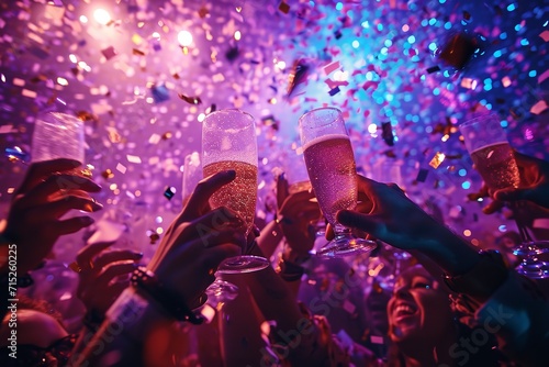 Lots of hands cheering wine glass in a night club with confetti falling, Generative AI.