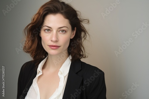 Portrait of a beautiful businesswoman with long brown hair in a black suit.