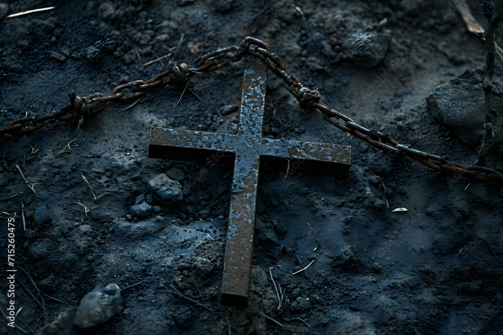 A somber depiction of a rustic cross with chains on a dark background