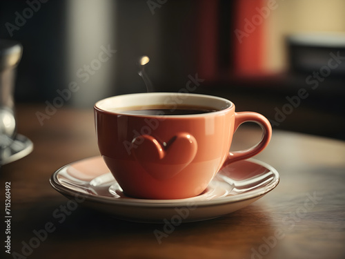 Cup of coffee with heart shape on wooden table, closeup