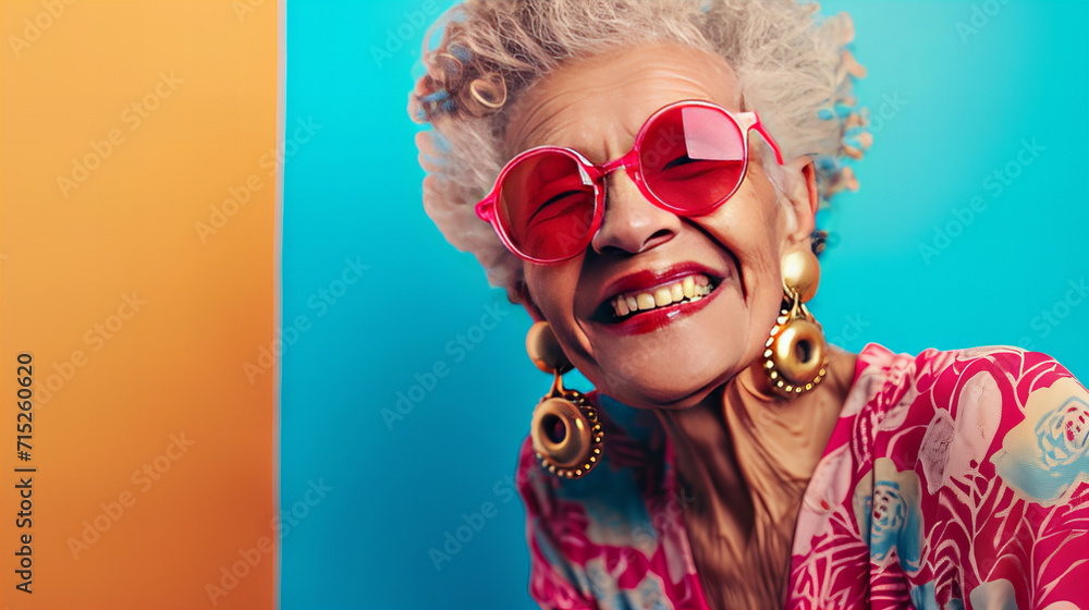 Smiling Older Woman in Red Sunglasses Enjoying the Moment Smiling Older Woman in Red Sunglasses Enjoying the Moment