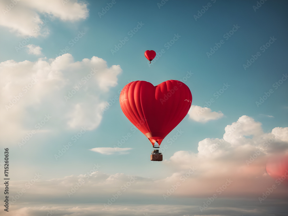 Obraz premium Red hot air balloon in the blue sky. Valentines day concept