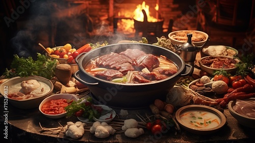 Hot pot with a variety of ingredients.