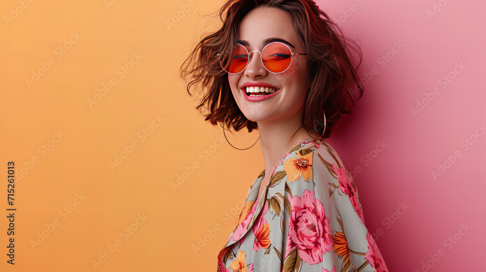 Woman Wearing Sunglasses and Floral Top in a Stylish Outfit Woman Wearing Sunglasses and Floral Top in a Stylish Outfit