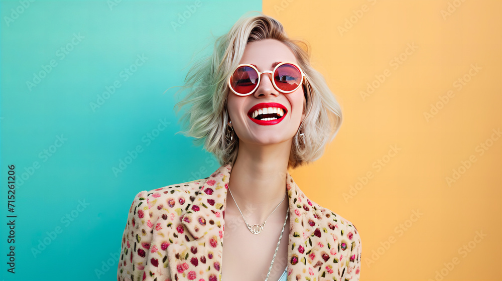 Blonde Woman Wearing Red Sunglasses in a Fashionable Pose